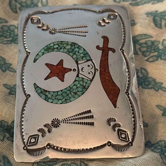 Navajo Sterling Silver Turquoise & Coral Chip Inlay  Belt Buckle - Picture 5 of 9
